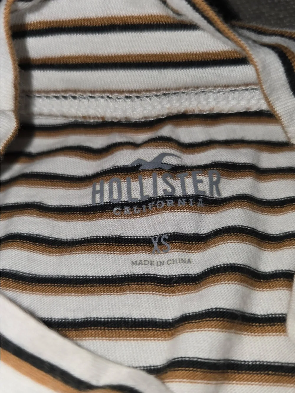 Hollister Cream & Brown Striped Mock-Neck Crop Top with Maroon Logo
